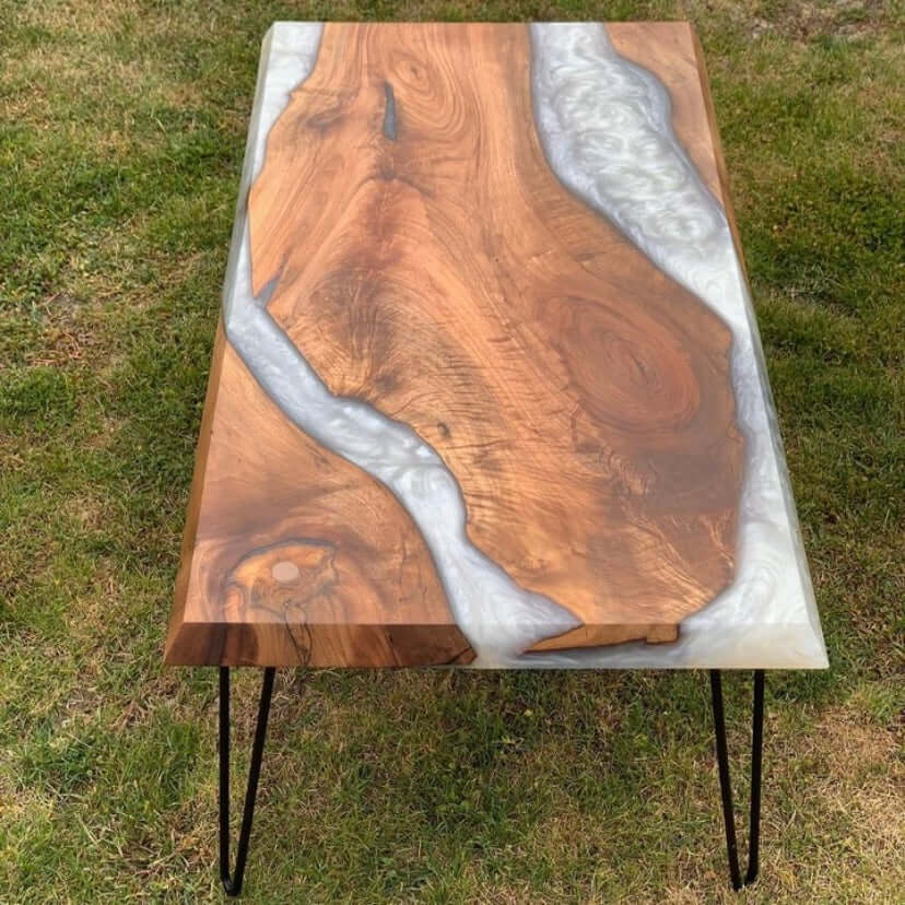 White and Wood Abstract Epoxy Resin Table For Home Decor-4
