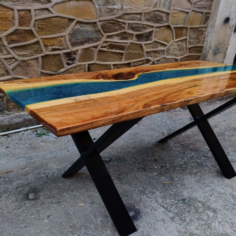 Blue and Wood Abstract Epoxy Resin Table For Home Decor-1