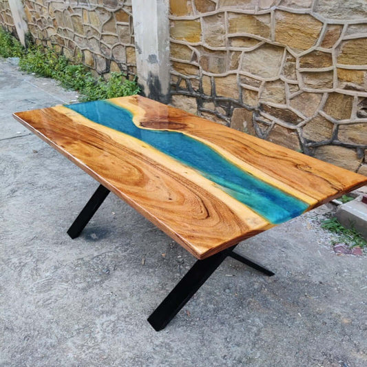 Blue and Wood Abstract Epoxy Resin Table For Home Decor-0