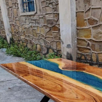 Blue and Wood Abstract Epoxy Resin Table For Home Decor-2