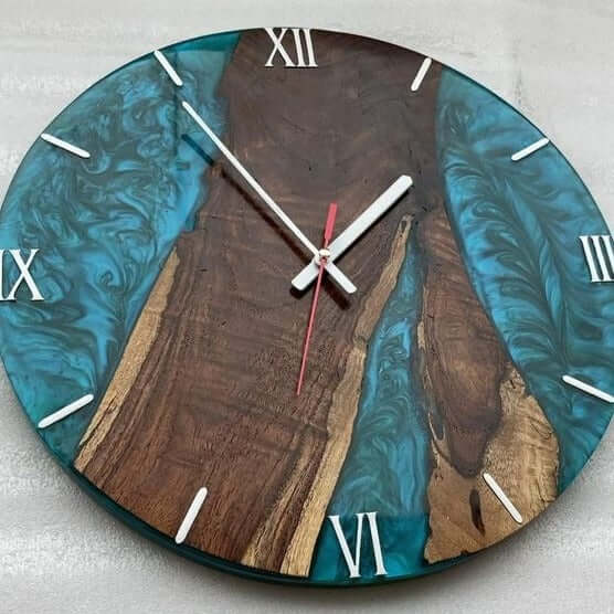 Blue and Wooden Abstract Epoxy Resin Wall Clock For Home Decor-0