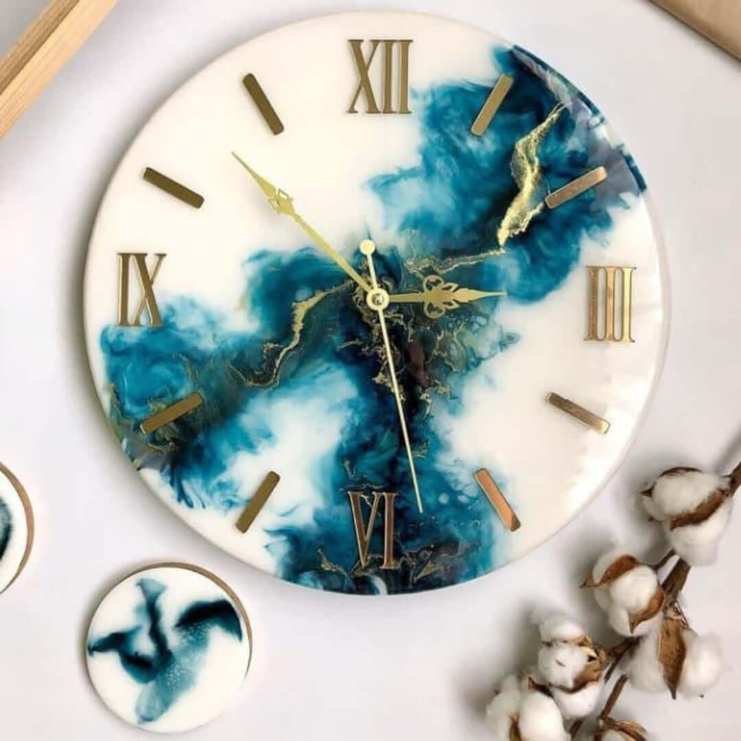 Blue and White Abstract Epoxy Resin Wall Clock For Home Decor-0