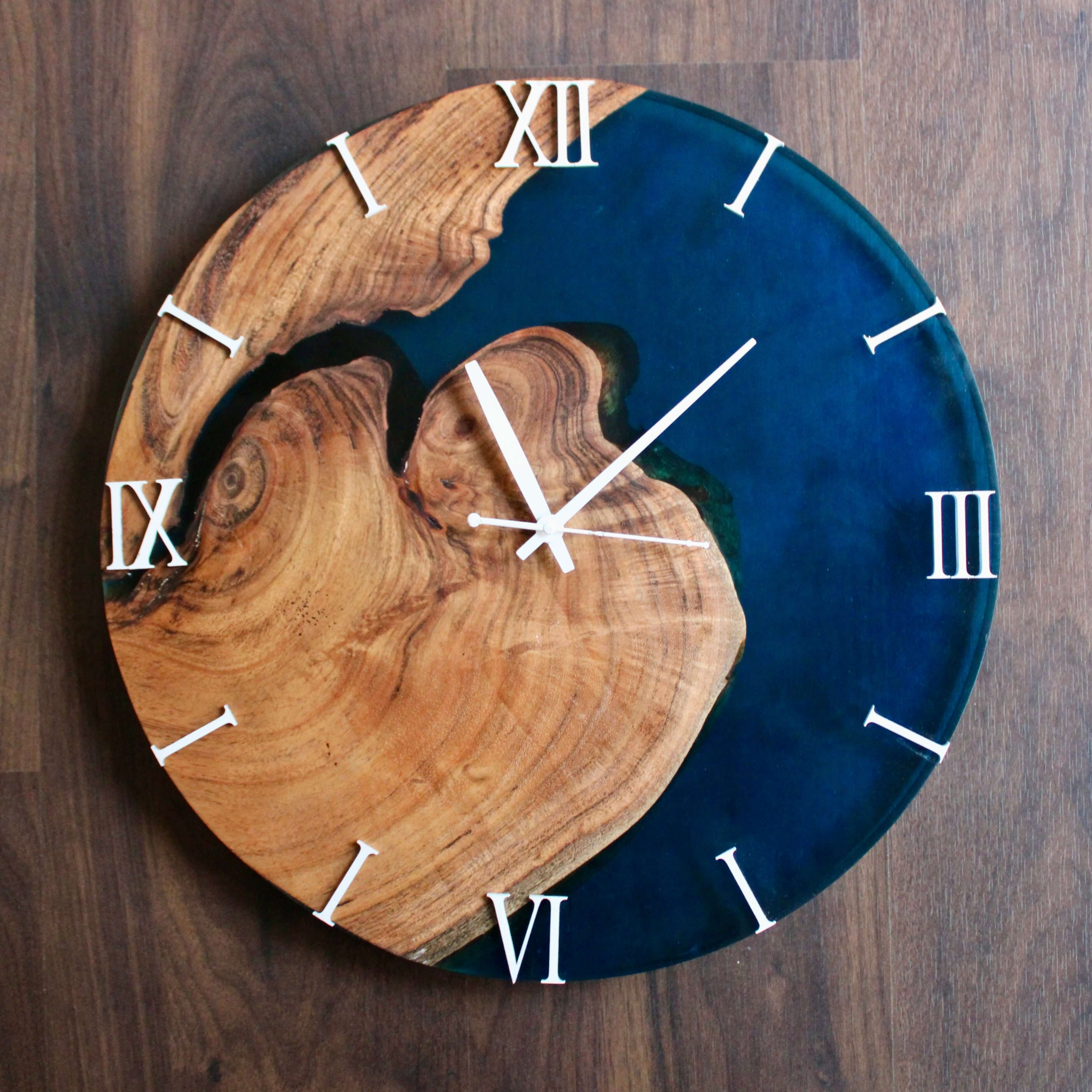 Dark Blue and Wooden Abstract Epoxy Resin Wall Clock For Home Decor-0