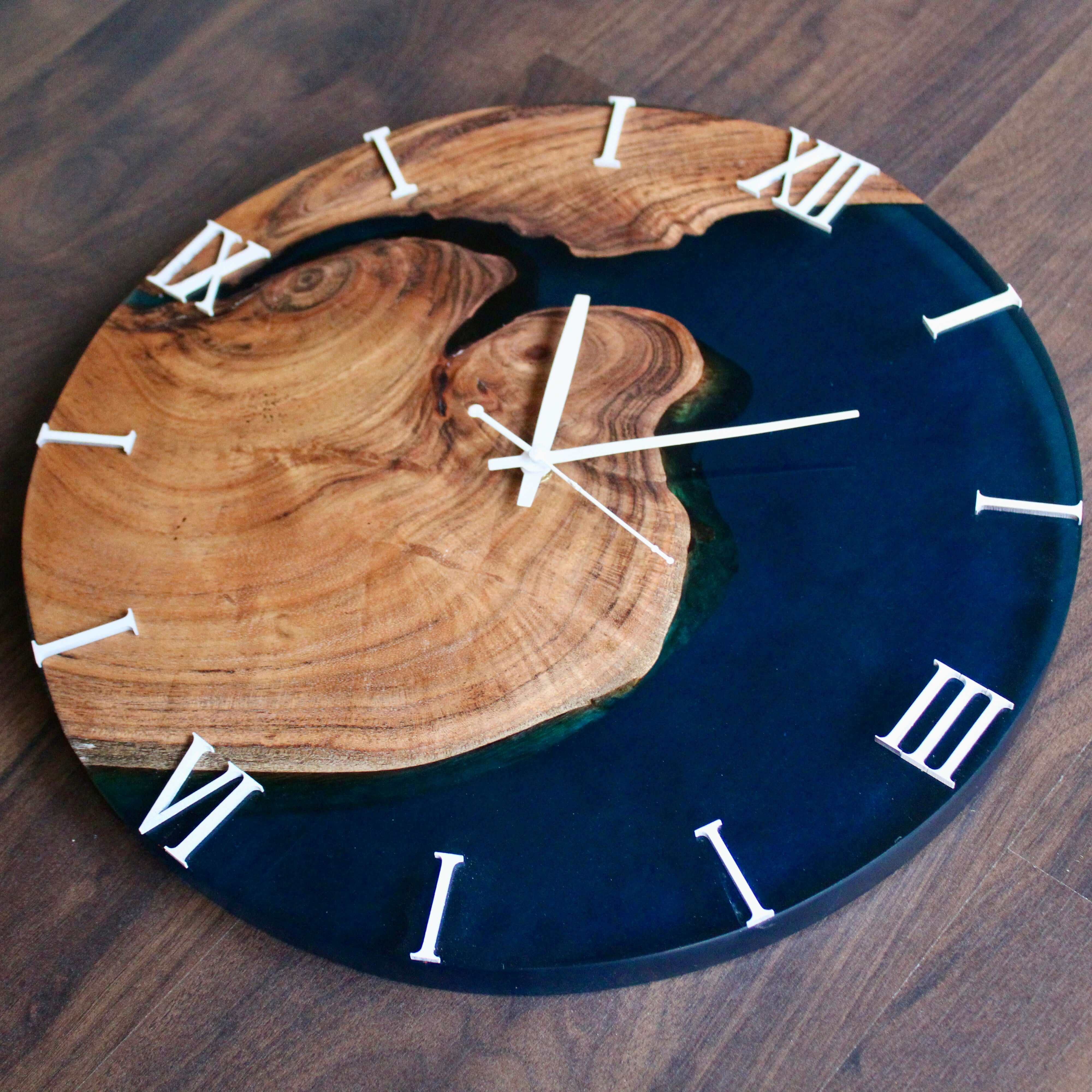 Dark Blue and Wooden Abstract Epoxy Resin Wall Clock For Home Decor-1
