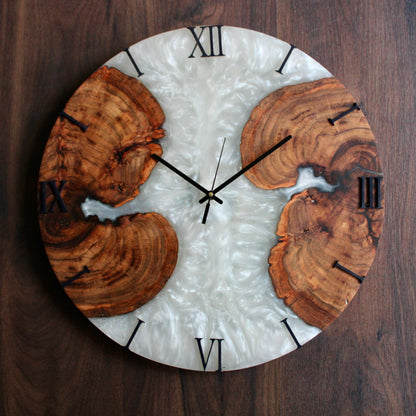 White and Wooden Abstract Epoxy Resin Wall Clock For Home Decor-0