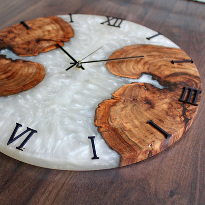 White and Wooden Abstract Epoxy Resin Wall Clock For Home Decor-1
