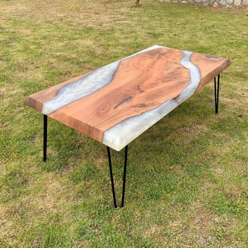 White and Wood Abstract Epoxy Resin Table For Home Decor-0
