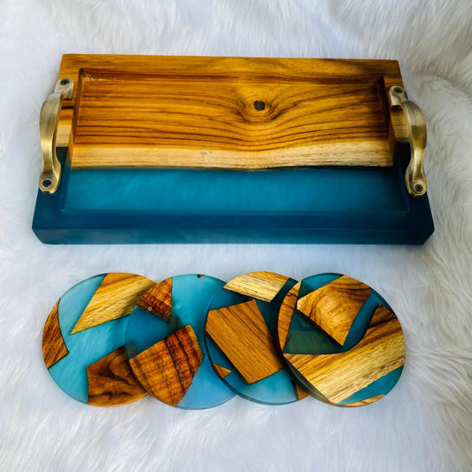 Wooden and Blue Epoxy Resin Tray with Set of 4 Coasters-0