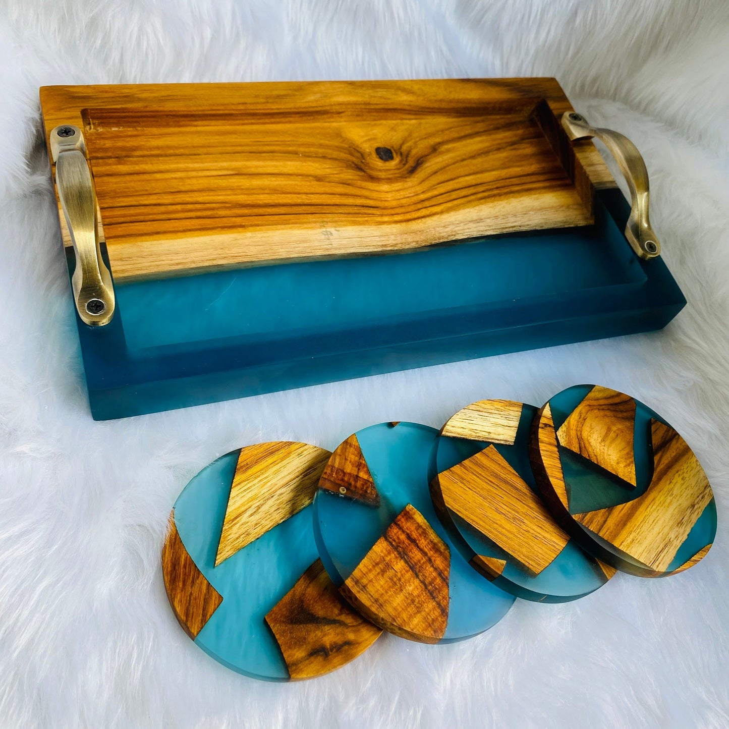 Wooden and Blue Epoxy Resin Tray with Set of 4 Coasters-1