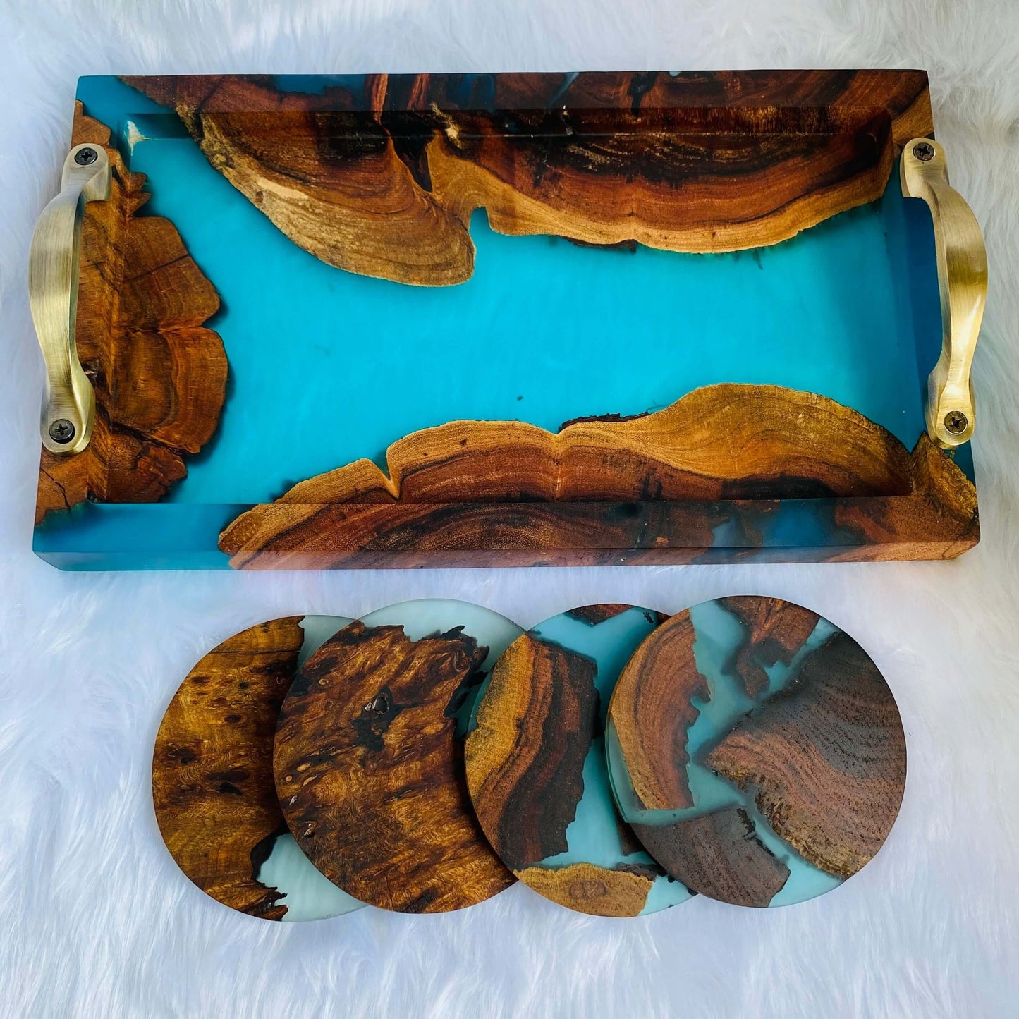 Blue and Wooden Epoxy Resin Tray with Set of 4 Coasters-0