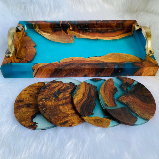 Blue and Wooden Epoxy Resin Tray with Set of 4 Coasters-1