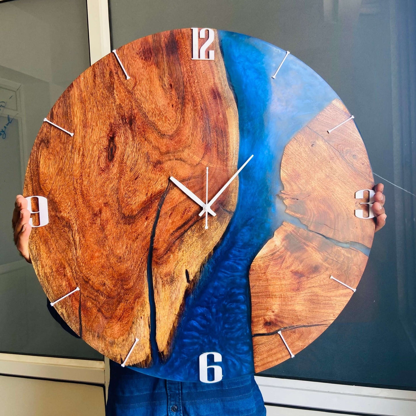 Blue and Wooden Abstract Epoxy Resin Wall Clock For Home Decor-1