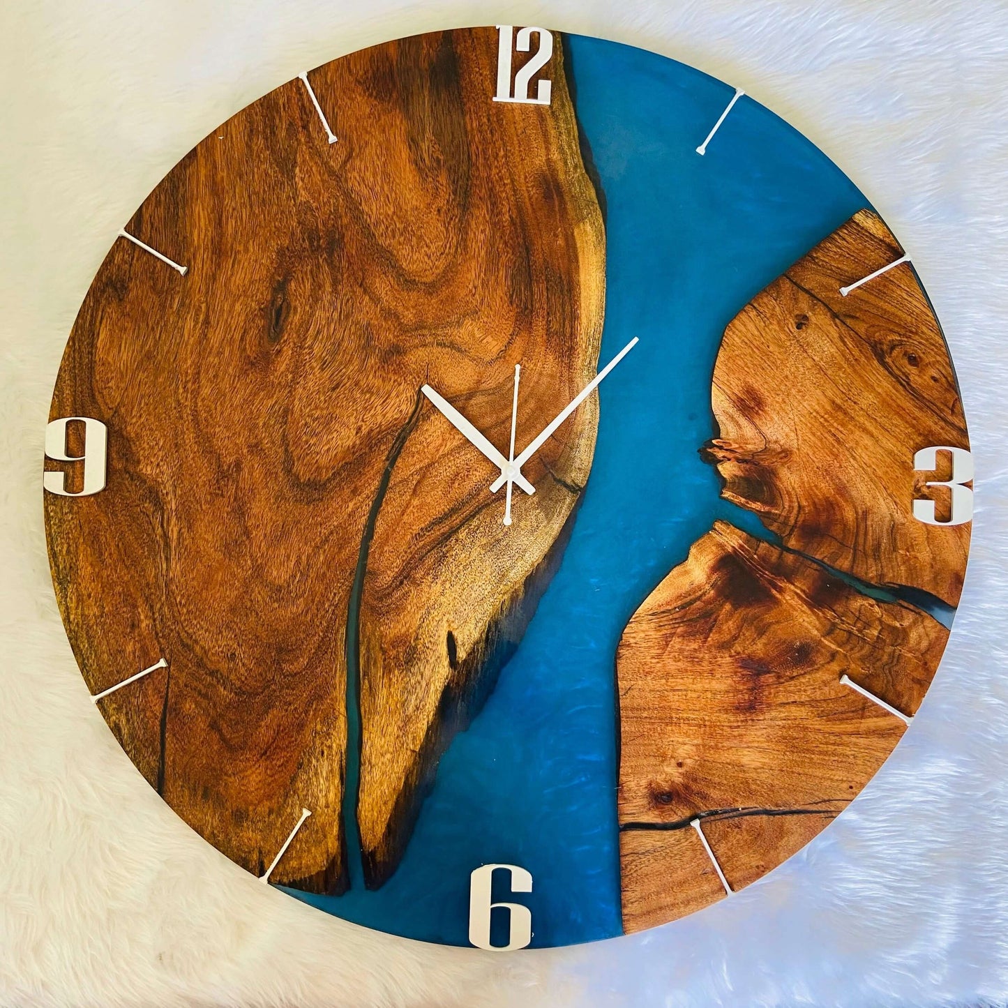 Blue and Wooden Abstract Epoxy Resin Wall Clock For Home Decor-0
