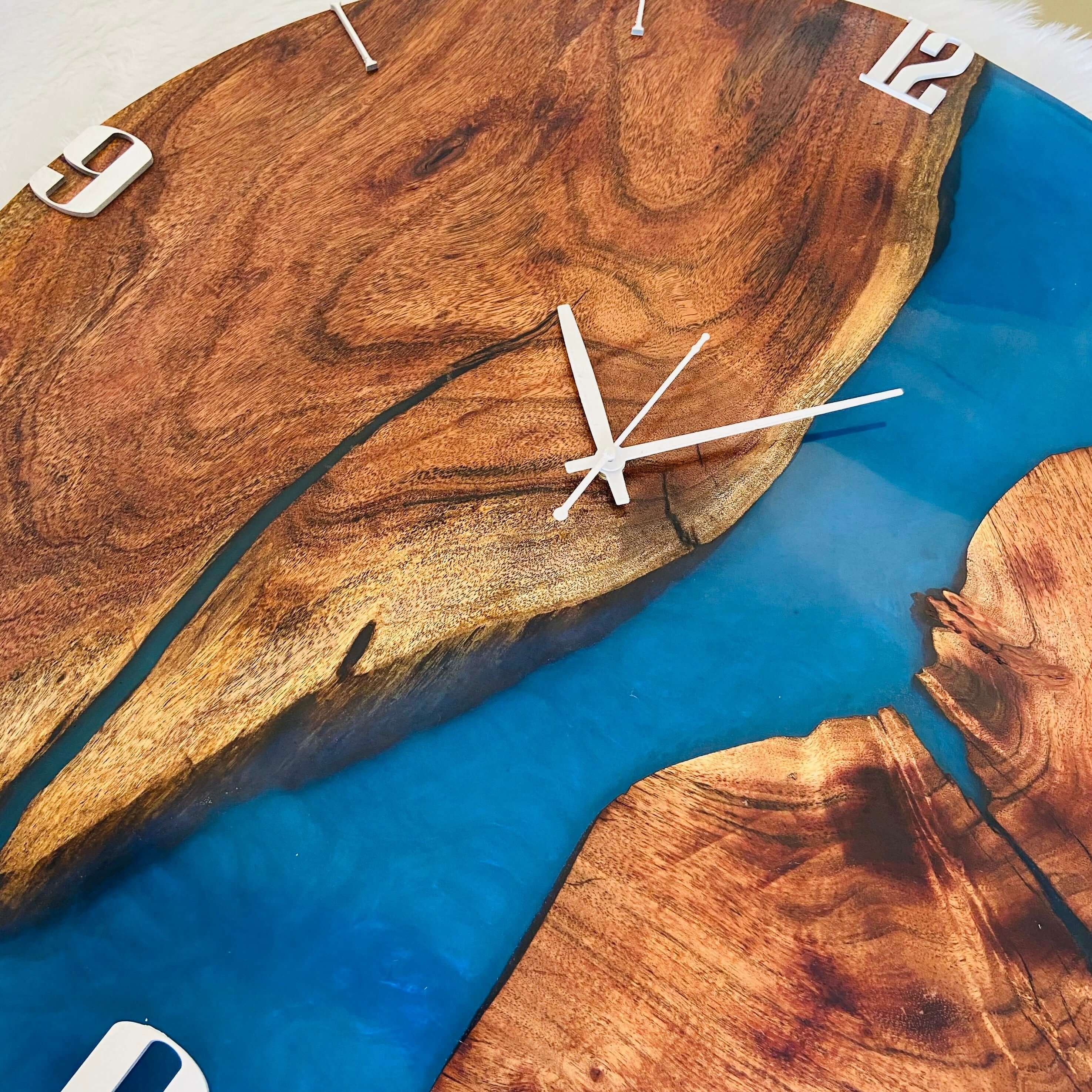 Blue and Wooden Abstract Epoxy Resin Wall Clock For Home Decor-3