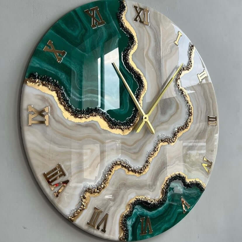 Green Geode Abstract Epoxy Resin Wall Clock For Home Decor-0