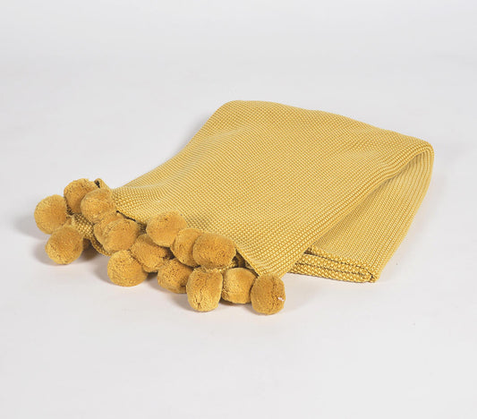 Hand Knitted Cotton Mustard Pom-Pom Throw-1