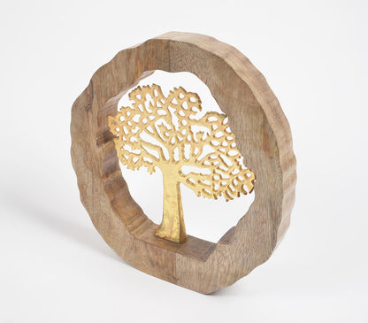 Gold Toned Decorative Tree in Wooden Ring-0