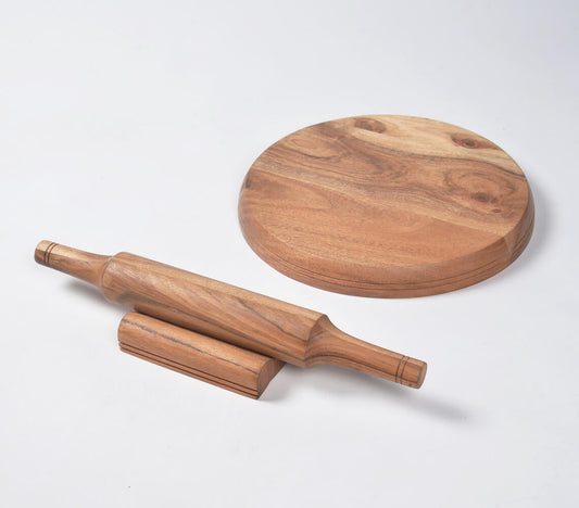 Wood Turned Acacia Wood Rolling Pin & Board With Stand-0