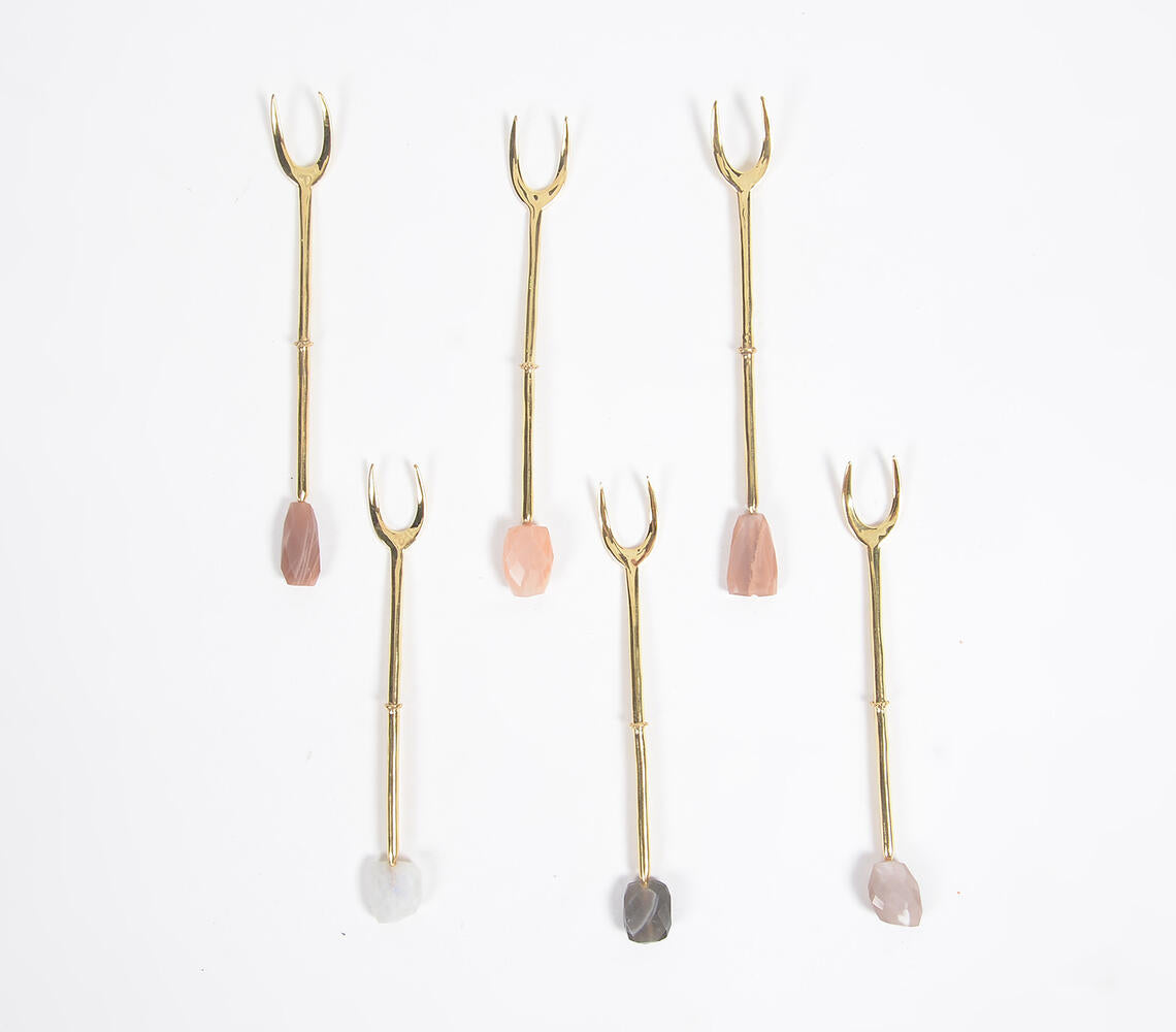 Hand Cut Moonstone & Brass Appetizer Forks (Set of 6)-3