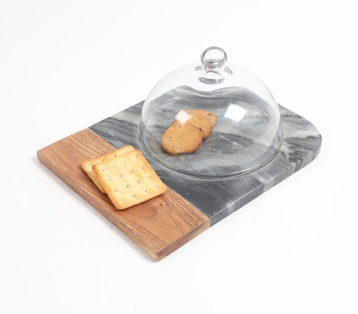 Black Marble & Wood Colorblock Cake Platter With Glass Dome-0
