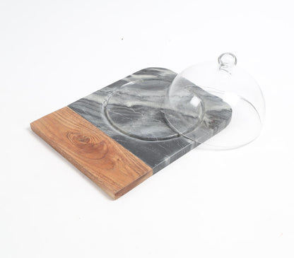 Black Marble & Wood Colorblock Cake Platter With Glass Dome-1