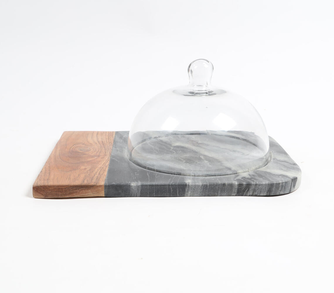 Black Marble & Wood Colorblock Cake Platter With Glass Dome-2