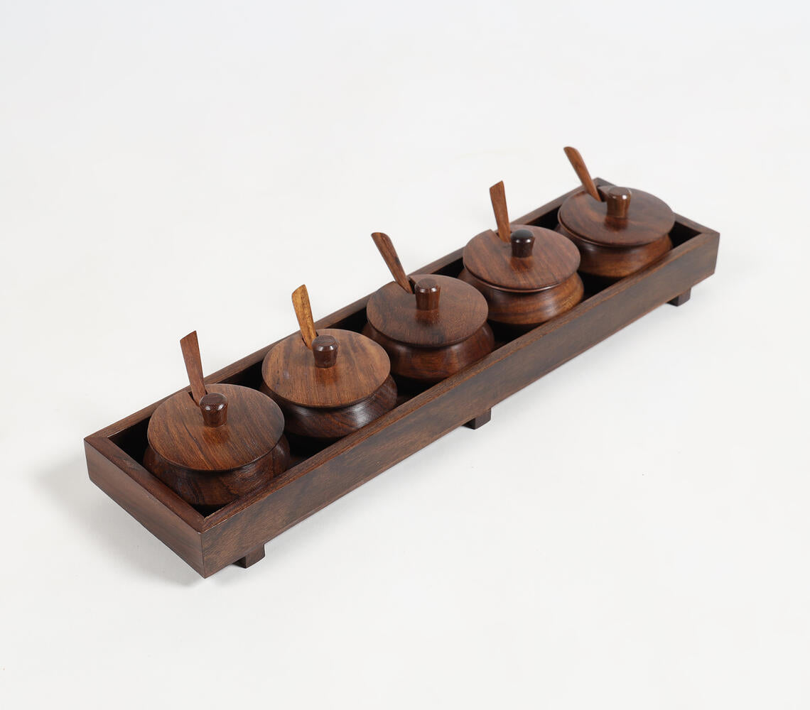 Turned Rosewood Set of 5 Condiment Pots & Spoons with Tray-0