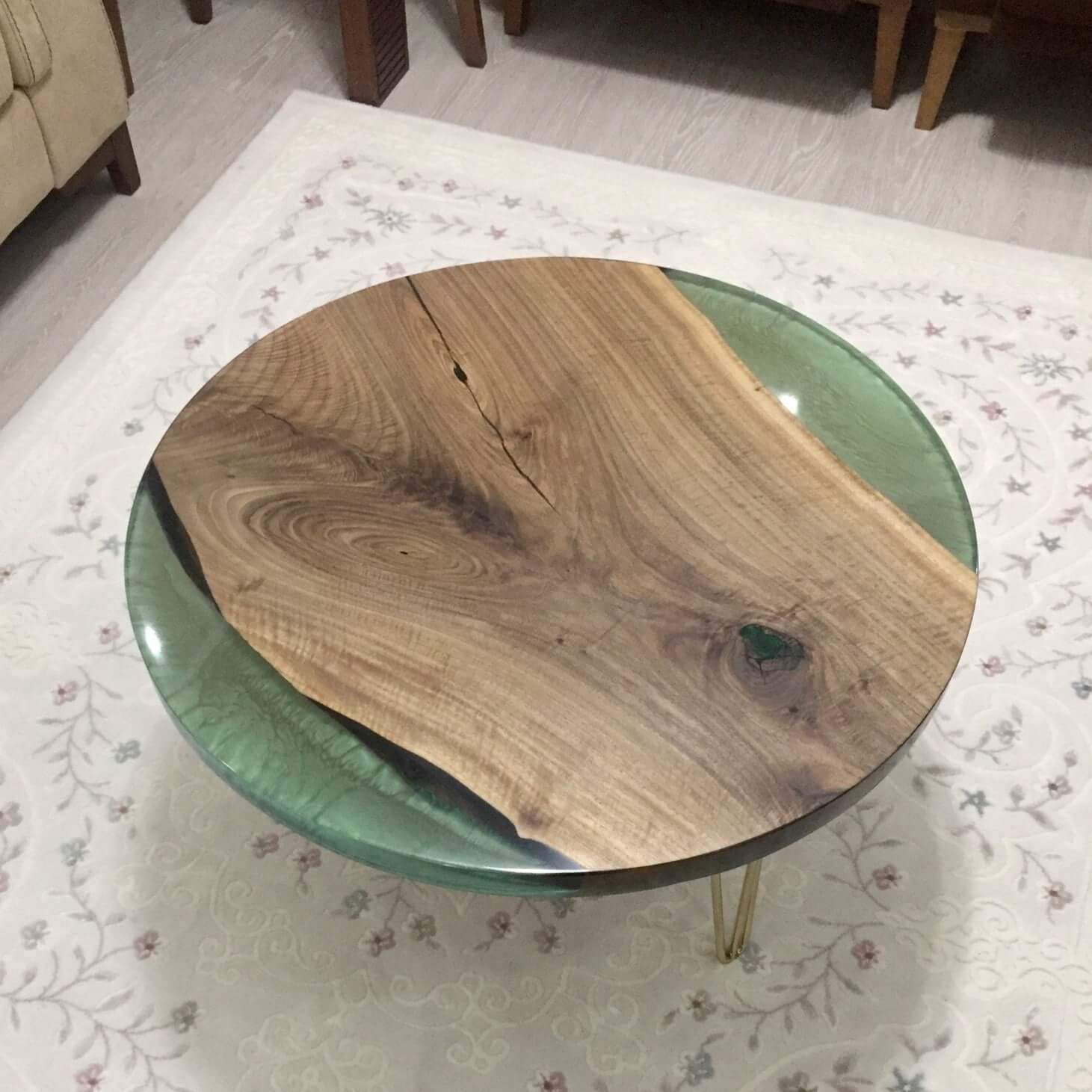 Sea Green and Wooden Epoxy Resin Coffee Table For Home Decor-0