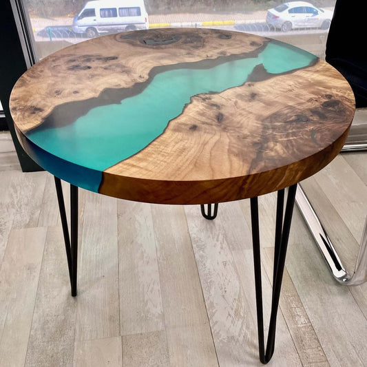 Aqua Green and Wooden Epoxy Resin Coffee Table For Home Decor-1